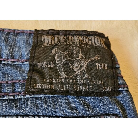 True Religion Julie Super T Jeans Womens 29 Dark Wash Thick Purple Stitch Y2K - Picture 6 of 15